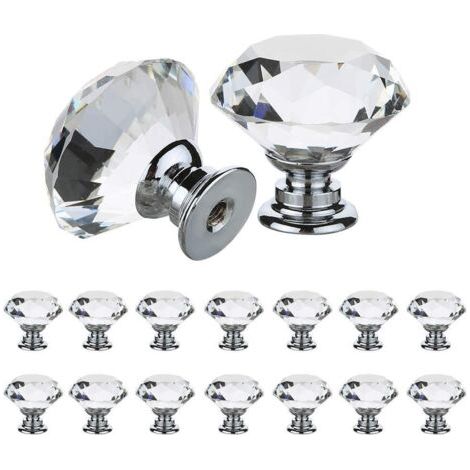 BUNTHAUS 14 poignées de tiroir 30 mm cristal clair verre clair effet diamant poignée portes de tiroir (14 pièces)