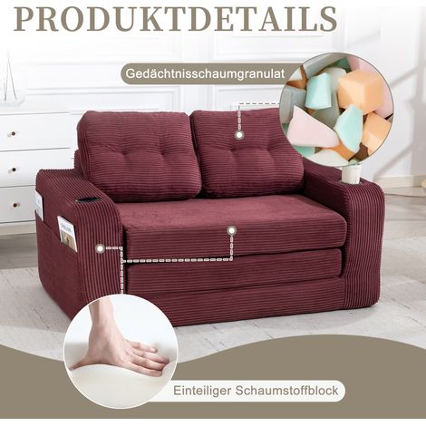 Canapé biplace velours côtelé Windrot avec porte-gobelets et poches. Pouf double convertible matelassé sans cadre pour déco intérieure. (1/5)