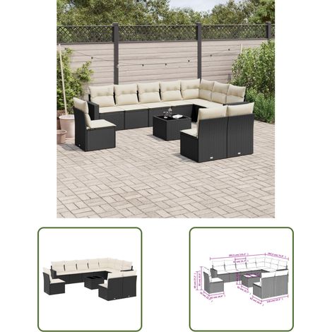The Living Store 11-tlg. Garten-Sofagarnitur mit Kissen Schwarz Poly Rattan - Gartenmöbel - PE-Rattan Möbel - Outdoor Sofa - Esstisch Set - Lounge Set (1/3)