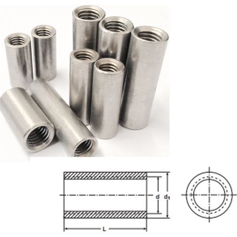 M8 x 35 mm Tiebar Connector - A2 (T304) Stainless Steel - Coupling Nut - Round