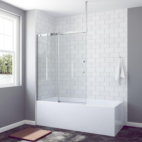 110 x 150 cm Duschtrennwand für Badewanne mit Schiebetür aus Einscheiben Sicherheitsglas Echtglas 6 mm mit Nano Beschichtung Badewannenaufsatz schiebbare Duschwand Glas (1/5)