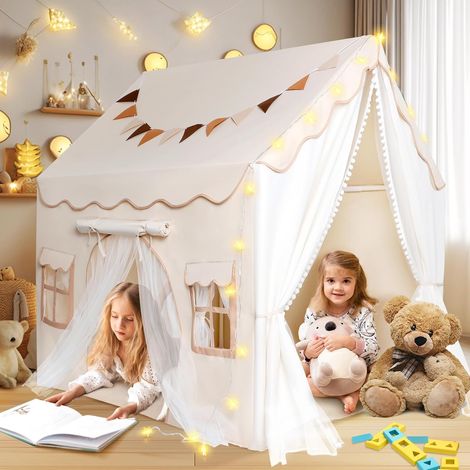 Tente Enfant Interieur, Cabane Enfant avec 2 Entrées, Lumières et Drapeaux, Tapis de Sol Tente de Lit, Jeux Cadeau pour Filles Garçons 120x100x127 CM,Beige (1/5)
