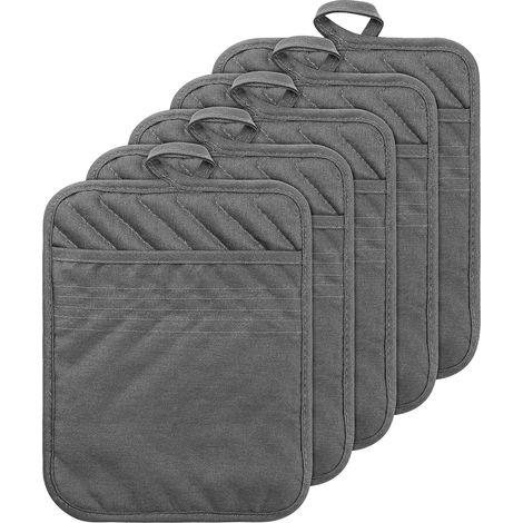 Pot Holder - Coton - Résistant à la Chaleur Jusqu'à 250 °C - Poche Intégrée - 6,9 x 8,9 Pouces - Gris - Lot de 5 (1/5)
