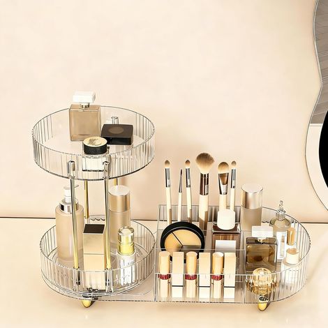 360° drehbarer, 2-stöckiger Make-up-Organizer für Badezimmer 2-in-1 Kosmetikkoffer, Aufbewahrungsregal für Schminktisch, Badezimmer, Schlafzimmer (Transparent) (1/5)
