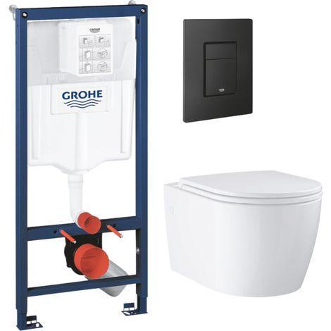 Pack bâti-support mur porteur GROHE Rapid SL + Cuvette suspendue sans bride abattant Start Round + Plaque commande noir mat (1/4)