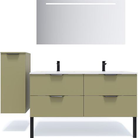 Meuble de salle de bain suspendu double vasque intégrée 140cm 4 tiroirs Vert olive + miroir + colonne ouverture gauche - Soho (1/5)