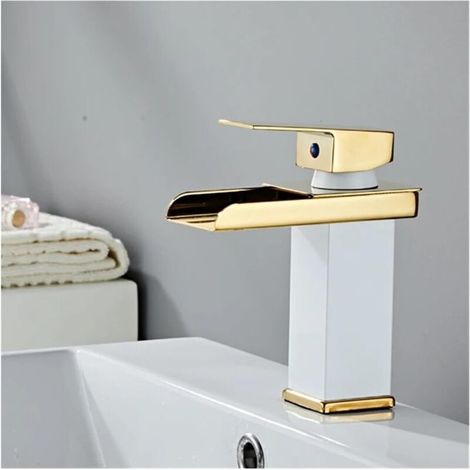 TAISHENGDA Weißgoldene, breite Wasserfall-Waschtischarmatur, flaches Profil, mit 60 cm Zulaufschlauch, europäischer Stil, breiter Auslauf, Warm- und Kaltwasseranschluss (1/5)