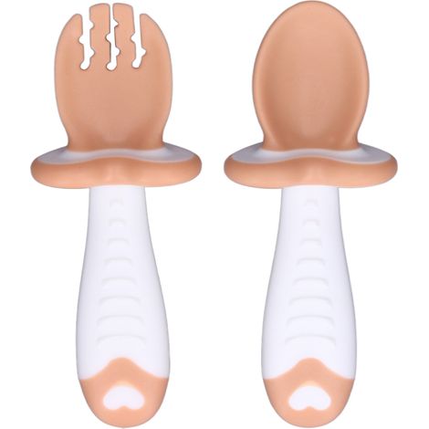 Ensemble Fourchette et Cuillère Bébé - Ustensiles d'Alimentation pour Enfants en PP Doux, Poignées Courtes, Apprentissage Mange Seul, Marron (1/5)