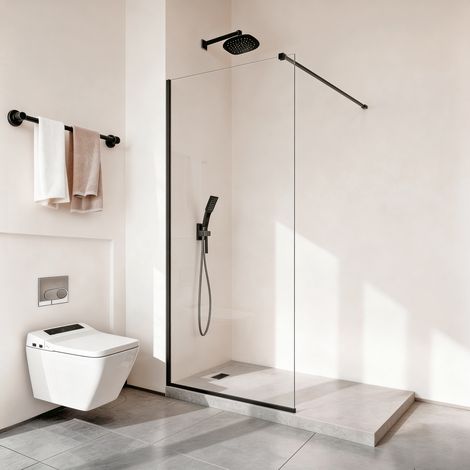 VEVOR Parete da Doccia da Bagno, Parete Doccia Angolare 86,4x187 cm con Pannello Trasparente da 8 mm e Cornice in Alluminio Resistente, Profilo Lucido e Telaio Completo, per Bagno, Nero Opaco