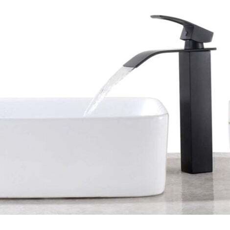 Noir Robinet Cascade avec Haut Bec Mitigeur Lavabo Haut Mono-trou Robinetterie Lave-mains avec Levier Unique en Cuivre Mélangeur Salle de Bain (1/4)