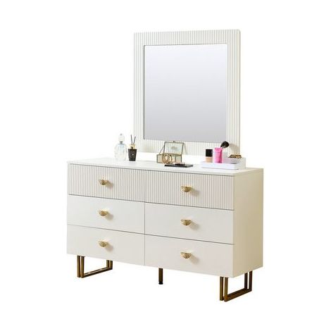 Modernes Sideboard- und Spiegel-Set in Weiß – Elegante Kombination aus 6-Schubladen-Kommode mit goldenen Akzenten & quadratischem Wandspiegel 80x80 cm – Perfekt für Flur, Schlafzimmer und Wohnzimmer (1/5)