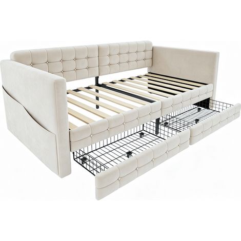 Lit coffre 90x190 cm en velours beige avec rangements latéraux et tiroirs sous le lit, sans matelas (1/5)