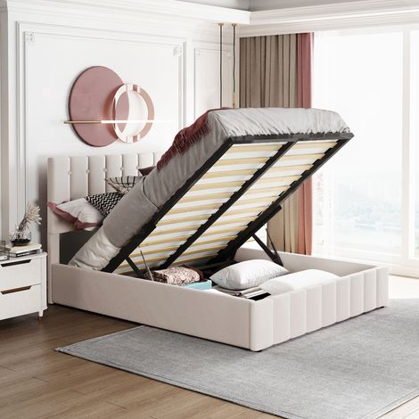Cama tapizada 140x200 cm con arcón elevable, cabecero ajustable, somier de láminas metálicas, terciopelo blanco crema (1/5)