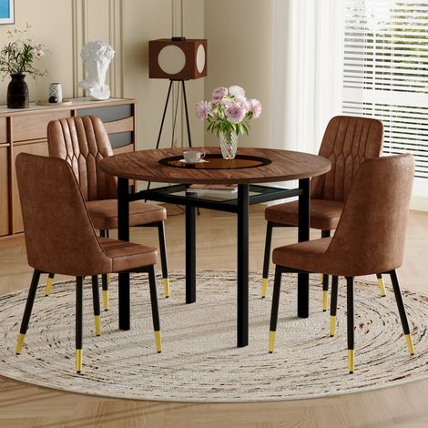 Conjunto de mesa de comedor redonda con cristal incrustado, Ø100 cm, con 4 sillas de tela marrón, MDF efecto madera y metal negro - Marrón (1/5)