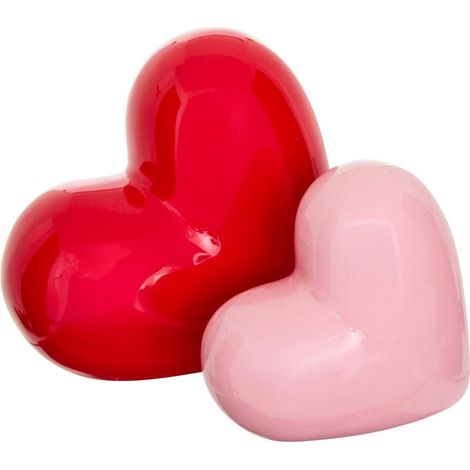Lot de 2 Cœurs Déco en Céramique "Love" 14cm Rouge & Rose (1/2)
