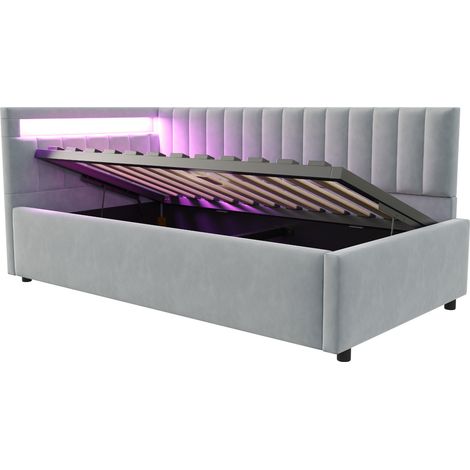 Cama diván capitoné 90x200 cm en terciopelo gris claro, LED, almacenaje hidráulico (1/5)