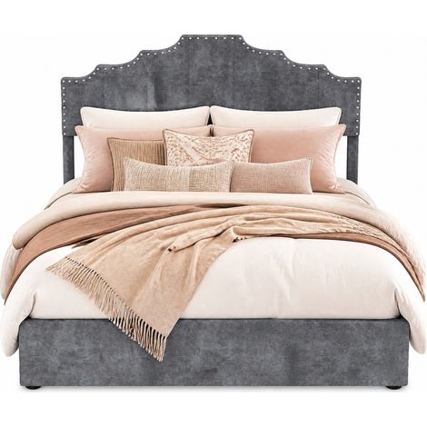 Lit coffre rembourré gris 140 x 200 cm avec sommier à lattes et matelas inclus MODENUIT (1/5)