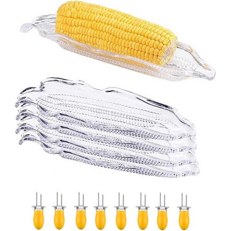 Juego de 4 bandejas para mazorcas de maíz, Incluye 8 soportes para mazorcas, Bandeja transparente para mazorcas, Transparente (1/5)