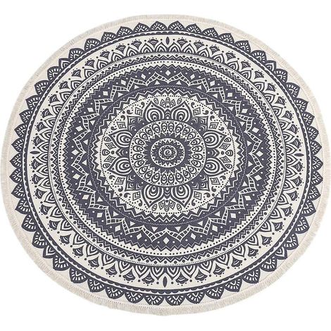 Tapis rond en coton tissé à la main, lavable et orné de pompons - 120 cm de diamètre - Idéal pour la maison, la cuisine, le salon et la chambre. (1/4)