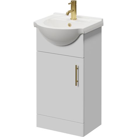 Alexander James Gloss White 450mm Single Door Vanity Unit - 450mm - Brushed Brass 96mm Bar Handle