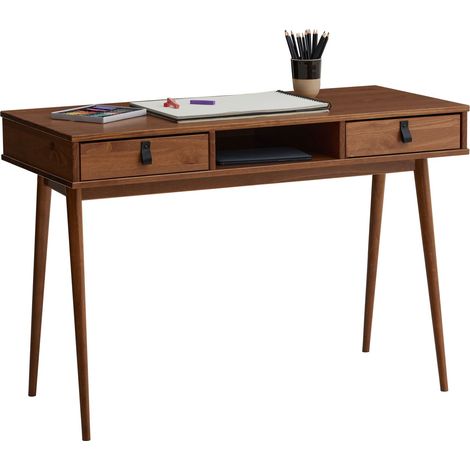 Idimex – Bureau droit en pin massif – Couleur châtaigne – 2 tiroirs et niche intégrée – Dimensions 76 x 110 x 50 cm (H x L x P)