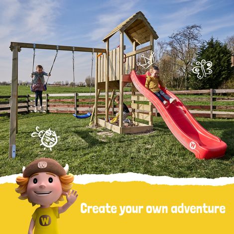 Aire de jeux WICKEY MultiFlyer - Toit en bois - Balançoire - Toboggan - Maison enfant extérieur - Bac à sable - Échelle d'escalade - Accessoires de jeux - Bleu — vue 4