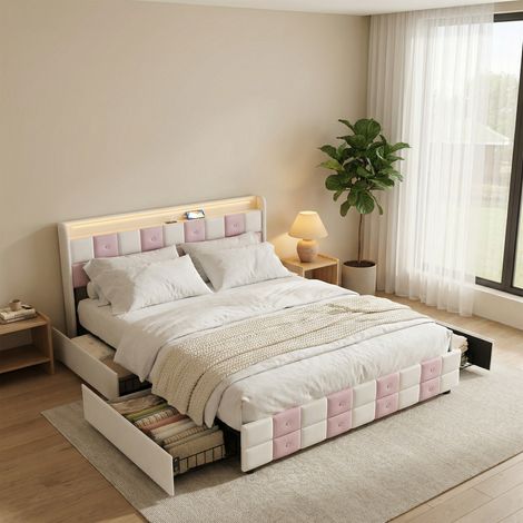 Letto matrimoniale 140x200 con 4 cassetti, letto per adulti con illuminazione LED e porte USB/Type-C, velluto, design moderno, Bianco/Rosa