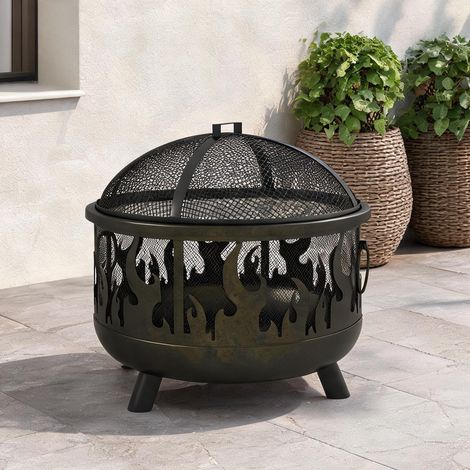 Brasero rond en métal noir avec pare-étincelles et grille (1/5)