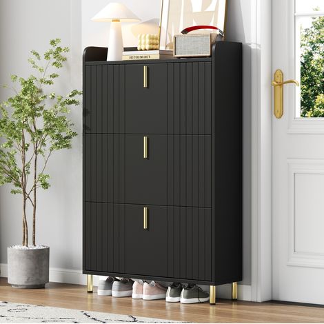 Scarpiera in MDF nero opaco con 3 ante a ribalta, ripiani regolabili, 80 x 23 x 123,5 cm (1/5)