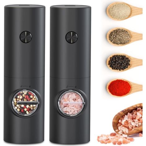 Moulin à Sel et Poivre Électrique - Acier Inoxydable 304 - Réglage de la Mouture - Silo Transparent - 70 ml - Pour Cuisine Intérieure et Extérieure - Lot de 2 (1/5)