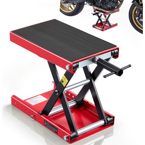 VEVOR Motorradheber 499 kg Tragkraft Motorradhebebühne mit Breiter Auflagefläche Sicherheitsbolzen 95-340 mm Höhenverstellbar Scherenheber aus Stahl für Straßenmotorräder Cruiser Schwarz Rot (1/5)