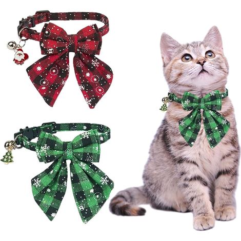 Weihnachts-Katzenhalsbänder, 2 Stück, verstellbares Katzenhalsband mit Glöckchen und Fliege, weihnachtliches Haustierhalsband für Kätzchen und Katzen, niedliche Kätzchenhalsbänder (gestreift) (1/5)