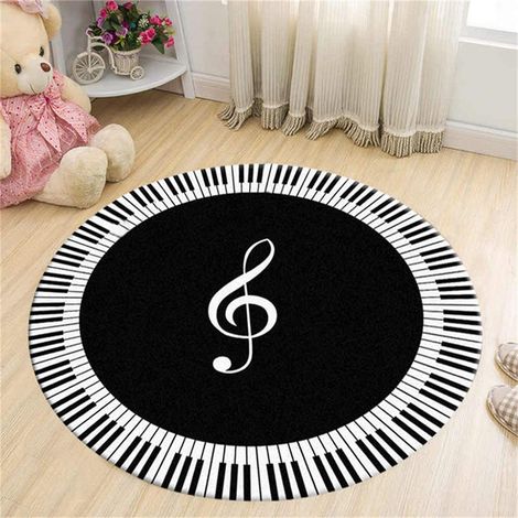 Runde Teppiche mit schwarz-weißen Klaviertastenmustern, perfekt zur Dekoration des Fußbodens in Ihrem Wohn- oder Schlafzimmer. (1/4)