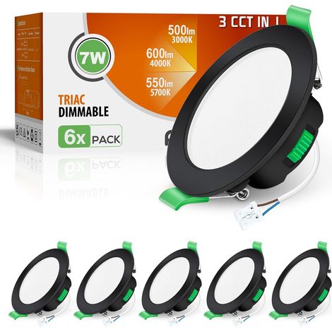 Lot de 6 Spot LED Encastrable 68mm,7W Led Spot Dimmable AC 220-240V,3000K 4000K 6500K Étanche IP65 Réglable Plafonnier Encastré pour Salle de Bain,Salon,Chambre,Cuisine,Rond,Noir (1/5)