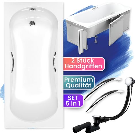 Badewanne Rechteck 150x70 mit Styroporverkleidung + Handgriffen, Ablaufgarnitur & Füßen GRATIS - Komplettset 5in1 Acryl Wanne Siphon - BADLAND ARIA PLUS (1/5)
