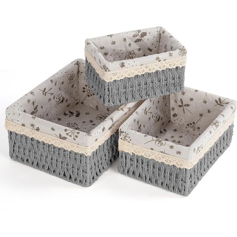 Panier Rangement avec Doublure, Lot de 3 Panier Osier Corbeille Osier Panier de Rangement Salle de Bain Paniers pour Etagères Corbeille Rangement pour Salle de Bain, Salon,Cuisine(Gris) (1/5)