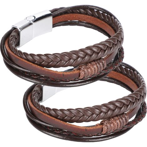 2Pcs Braided PU Leather Bracelet Magnetic Button DIY HandMade Vintage Wrist Cuff Jewelry(White Alloy Button Brown Bracelet ) (1/5)