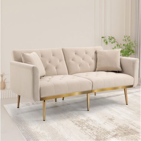 Sofá cama doble moderno, sofá de terciopelo beige, con 4 patas de soporte de metal, capacidad de carga de hasta 600 libras, adecuado para sala de estar, dormitorio, oficina, apartamento. (1/5)