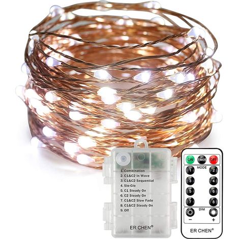 Guirlande lumineuse à piles, 10 m (33 pi), 100 LED, 8 modes d'éclairage, avec télécommande pour jardin et terrasse (1/5)