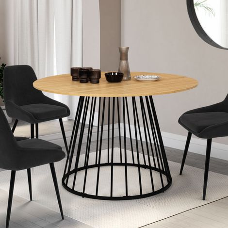 YUNA mesa de comedor redonda para 6 con tablero de madera y pata de metal alambrada 120 cm (1/5)