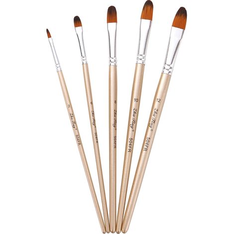 Pinceau Peinture Filbert - Poils Nylon - Manche Bois - Pour Aquarelle Huile Acrylique Gouache Corps Ongles Visage - 5 Pièces - Tailles 2 6 8 10 12 (1/5)