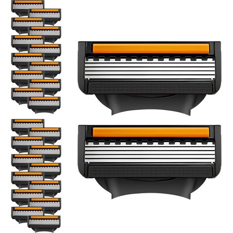 Lames de rechange en acier inoxydable à cinq couches pour rasoirs pour hommes, ensemble de 24 pièces, compatibles avec les rasoirs manuels de la série Gillette (orange et noir) (1/5)