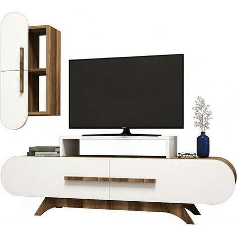 Dmora - Parete attrezzata Ifigenia, Composizione soggiorno, Mobile salotto multiuso, Armadio porta TV, 145x37h50 cm, Noce e Bianco