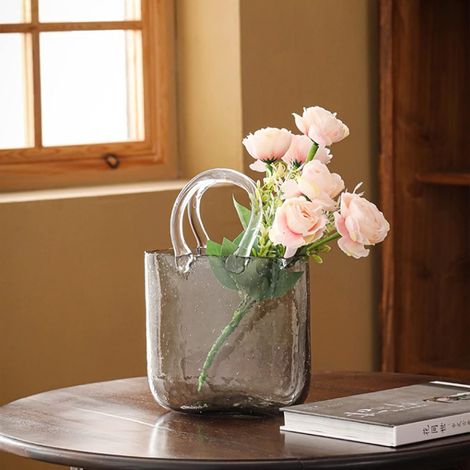 Geldbörse Vase für Blumen, Glasbeutel Vase mit Fischschale, Handtasche einzigartige Blumenvase dekorativ, klare Glasvase mit Griffen in Geldbörsenform für Dekor