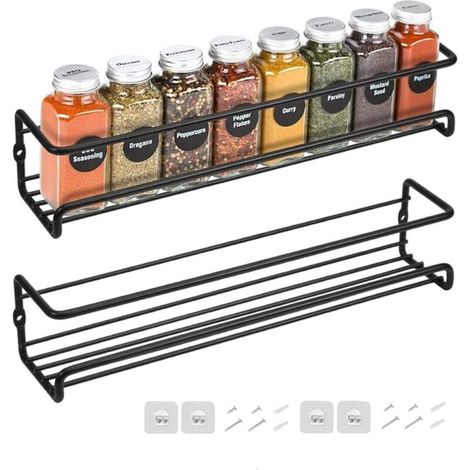 Estante metálico para especias de pared (paquete de 2) con fijación adhesiva o con tornillos, color negro - Crezuo