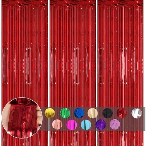 3 pièces Rideau Métallique Frange Rouge, 1mx2m Scintillants Foil Rideau Shimmer Décoration Anniversaire Foil Rouge RIDEAU (1/5)