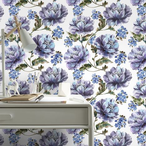 Papier peint intissé Stefanie 1005 x 52cm – Motif fleurs bleues – Résistant à la lumière – Application facile sans table à tapisser