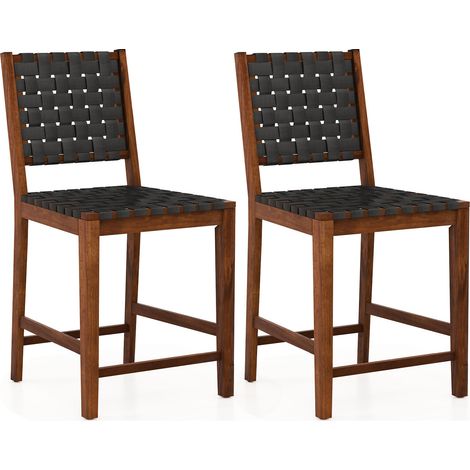 Lot de 2 tabourets de bar noirs en bois avec dossier incliné, repose-pieds et sangles en similicuir pour cuisine et salle à manger (1/5)