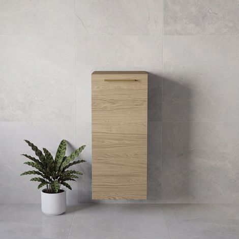 Napoli Light Oak 350mm Wall Mounted Single Door Side Cabinet - 350mm - Brushed Brass 160mm Handle