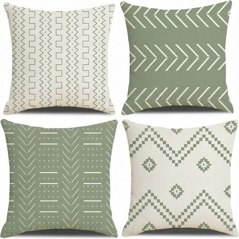 Lot de 4 housses de coussin décoratives style bohème – Motifs géométriques et rayures vertes – Carrées (45 x 45 cm) – Pour intérieur : chambre, canapé, patio (1/5)
